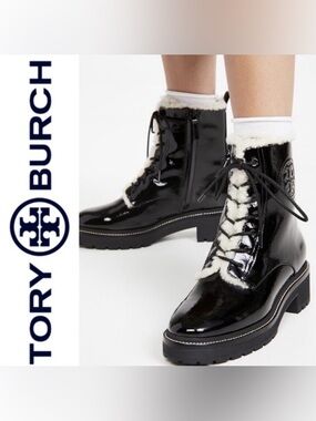 NEW Tory Burch MILLER 50MM LUG SOLE SHEARLING BOOTIE SOFTY NAPLAK/WEBBING